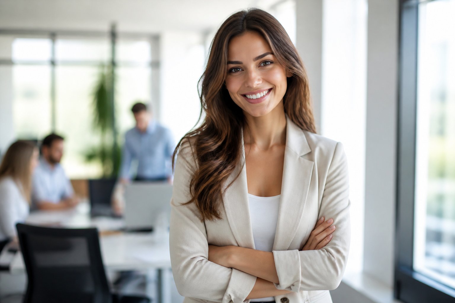 A confident young woman smiling in a modern office with colleagues working in the background.
