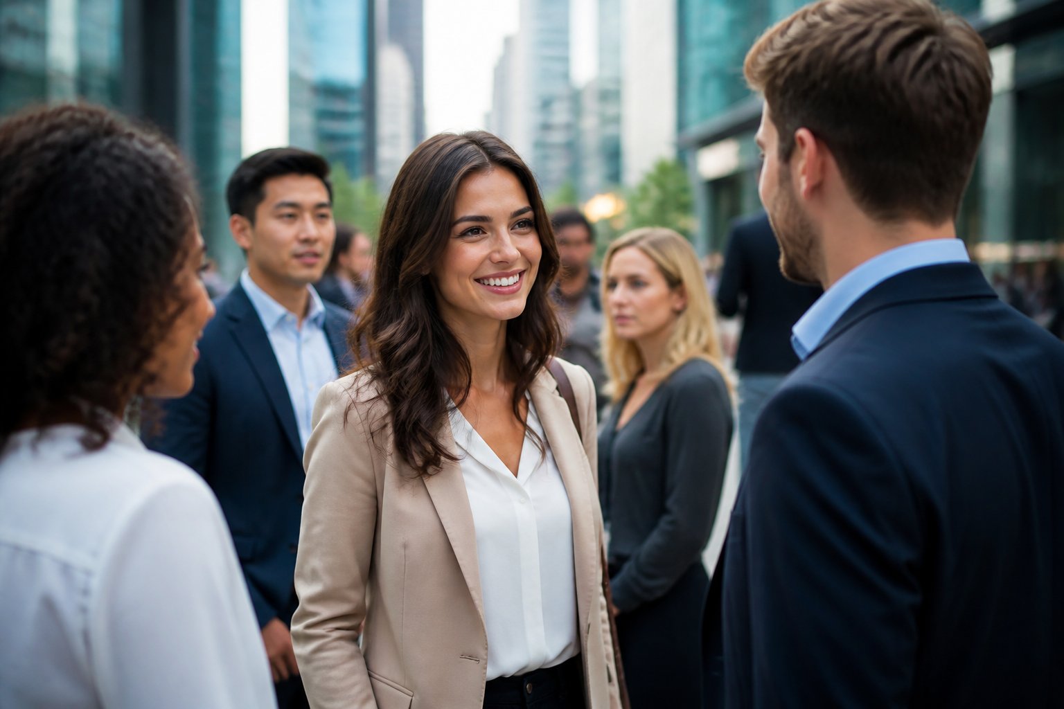A diverse group of young adults interacting in a city setting, with one attractive person confidently engaging with others.