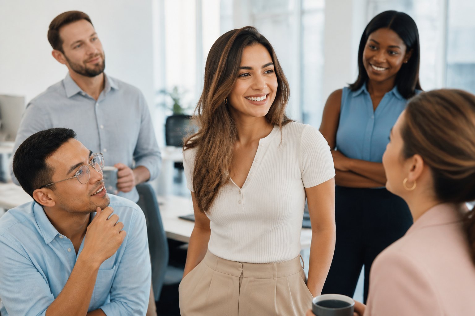 A diverse group of people in an office, with a confident young woman smiling as colleagues look at her with admiration.