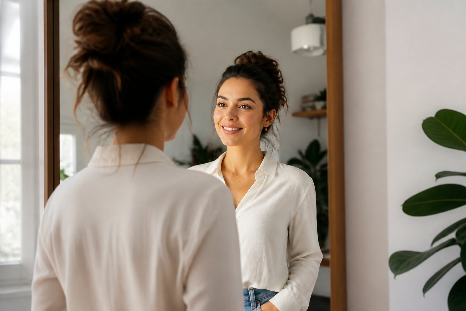 A young adult smiling confidently while looking at their reflection in a bright, modern room.