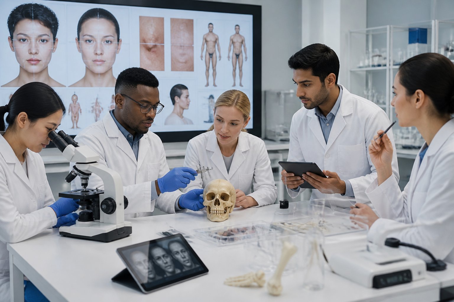 Researchers in a laboratory examining physical features related to human attractiveness using scientific equipment.