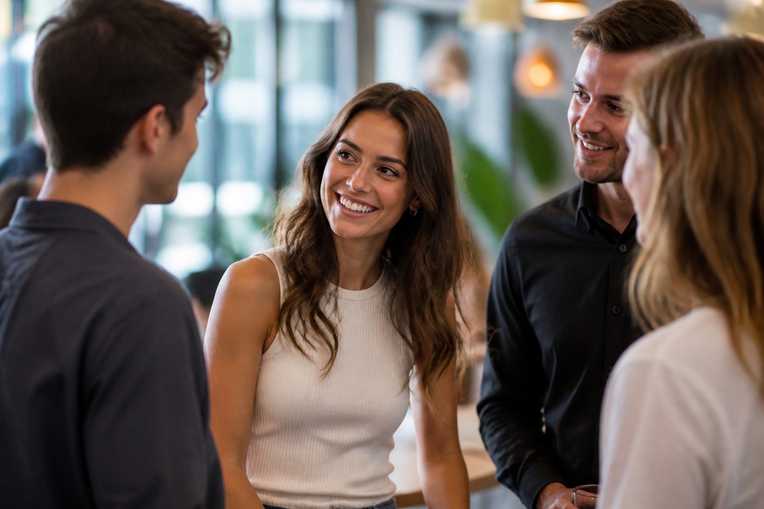 A group of people in a social setting showing positive reactions like smiling and attentive body language around a confident individual.